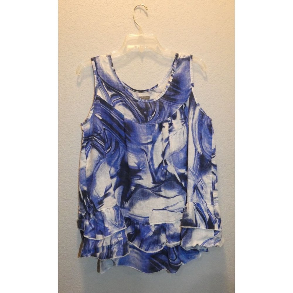 Women's Linen Tank Top White with Blue, Plazza Del Tempio, Size Large